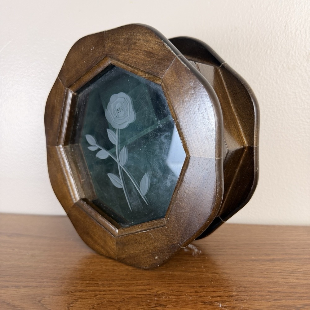 Vintage Wooden Jewelry Box Etched Glass Rose Octagon Vanity Cottage